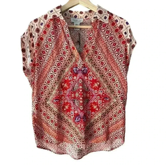 Rachel Zoe Cap Sleeve Top Womens XS Red Handkerchief Blouse Boho Collared Shirt - Picture 1 of 14
